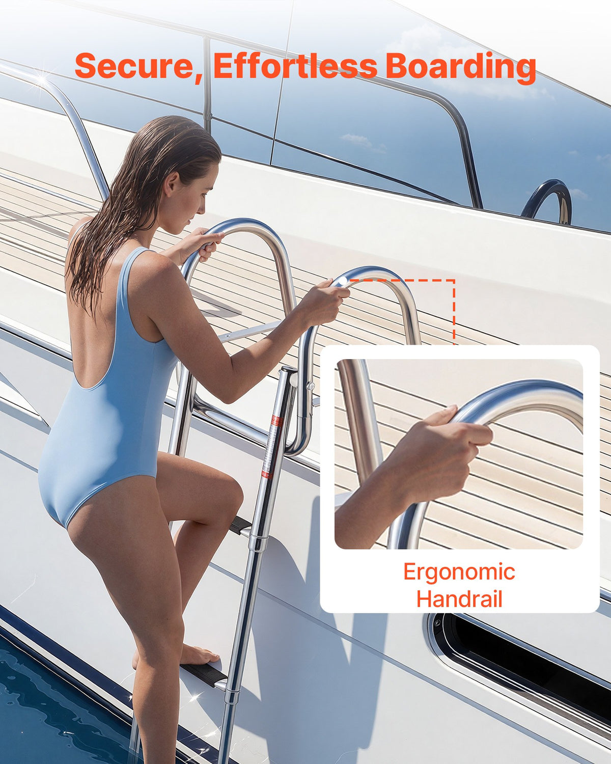 VEVOR Boat Ladder, 3 Steps, Stainless Steel Telescoping Folding Swim Deck Ladder for Rear Entry Inboard, 600 lbs Capacity with Wide Anti-Slip Steps & Handrails, for Outboards, Yacht, Pontoon Boats - DFSCTBXG3STEQ71S7001V0 - view 5