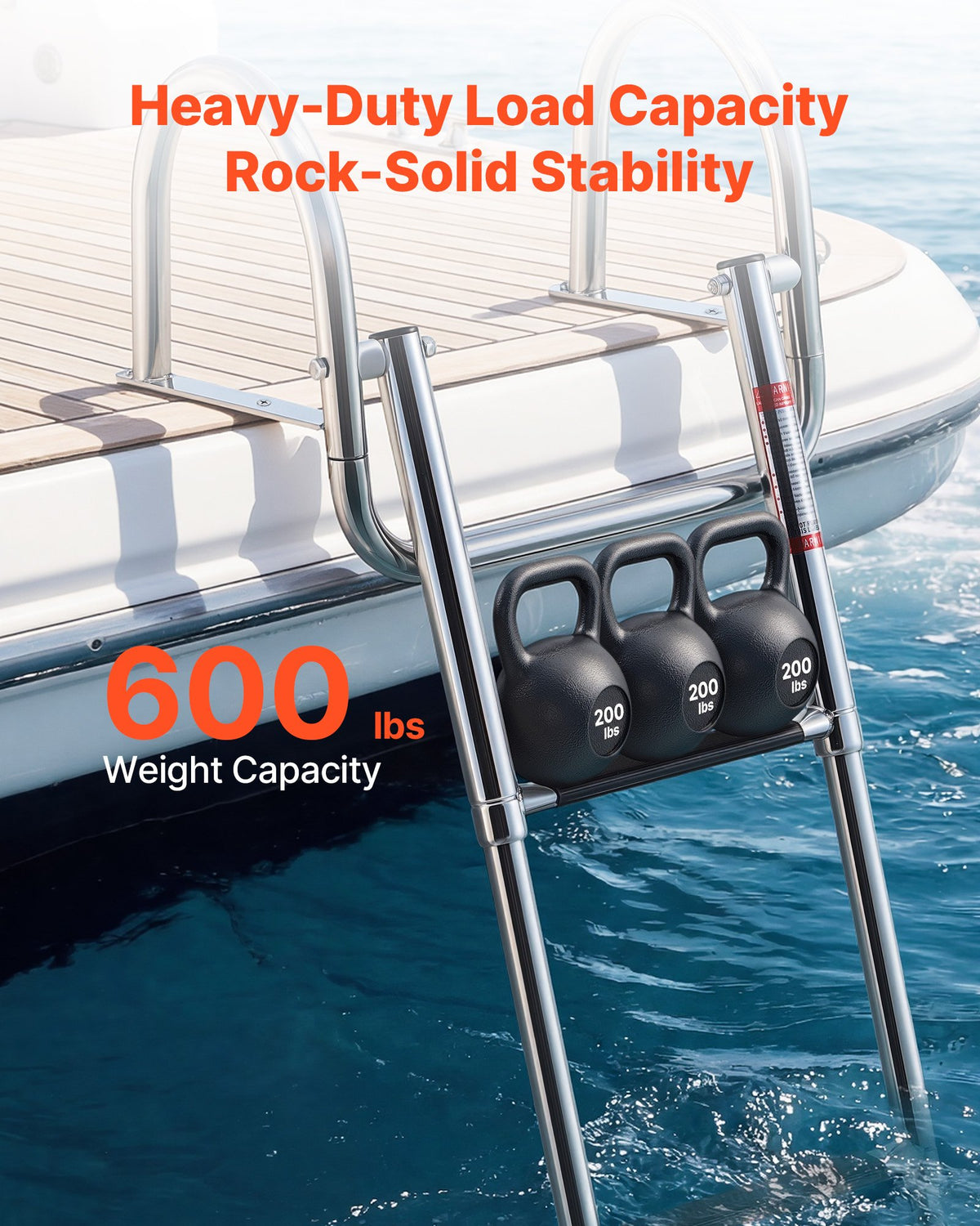VEVOR Boat Ladder, 3 Steps, Stainless Steel Telescoping Folding Swim Deck Ladder for Rear Entry Inboard, 600 lbs Capacity with Wide Anti-Slip Steps & Handrails, for Outboards, Yacht, Pontoon Boats - DFSCTBXG3STEQ71S7001V0 - view 6