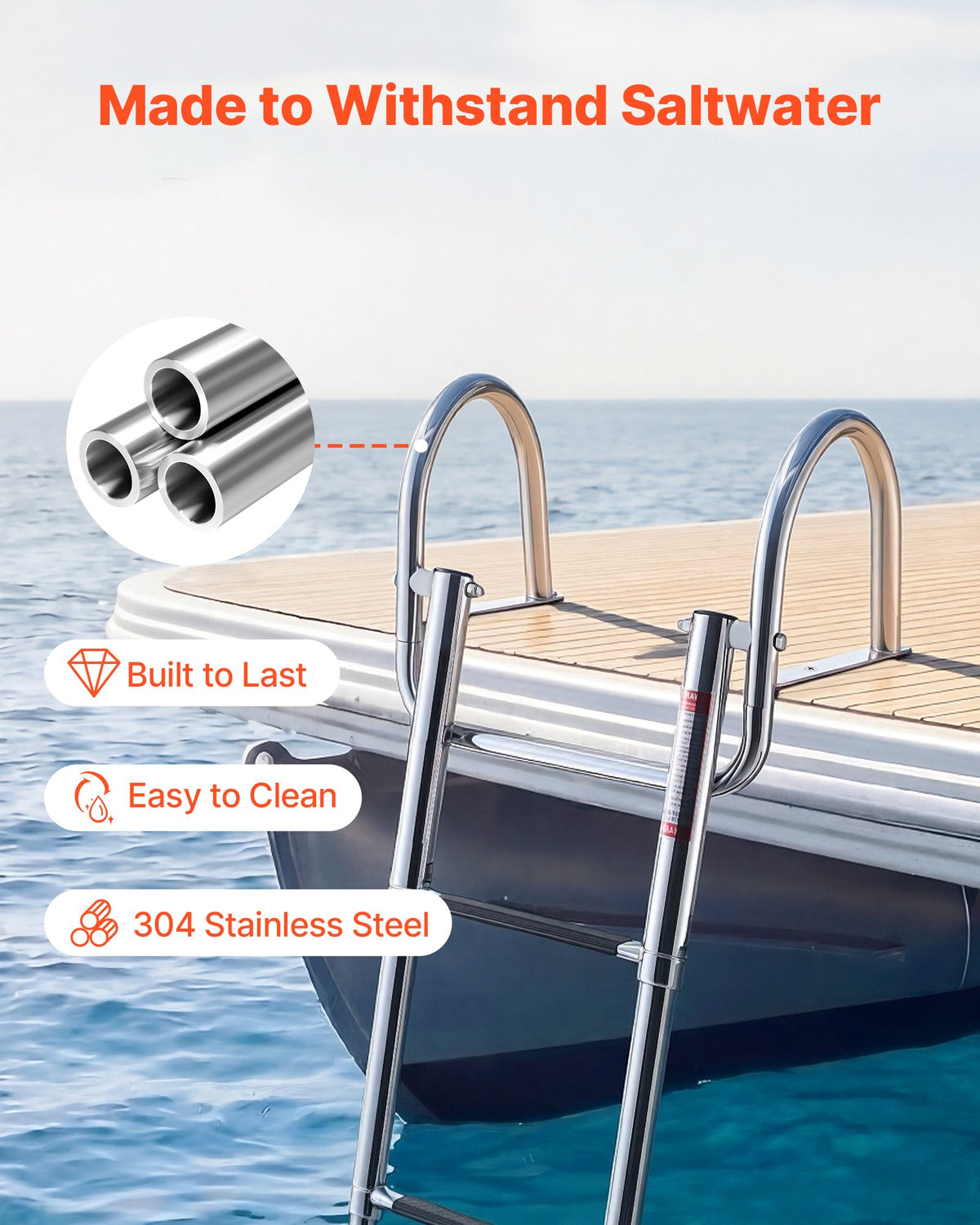 VEVOR Boat Ladder, 4 Steps, Stainless Steel Telescoping Folding Swim Deck Ladder for Rear Entry Inboard, 600 lbs Capacity with Wide Anti-Slip Steps & Handrails, for Outboards, Yacht, Pontoon Boats - DFSCTBXG4STET1YJJ001V0 - view 3