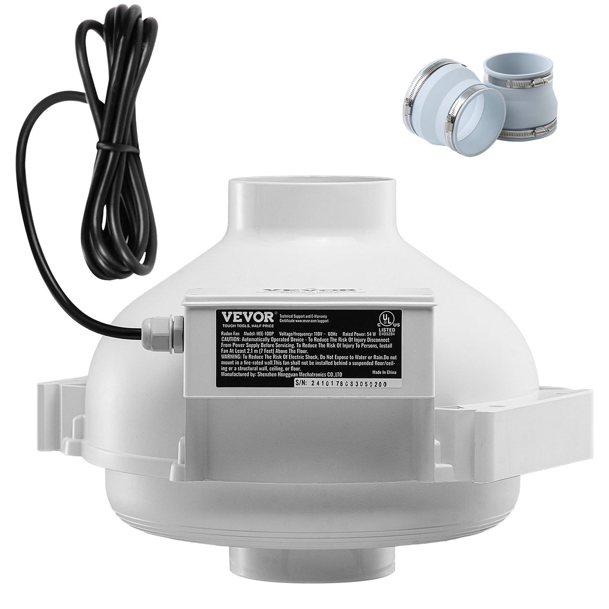 VEVOR 4 to 4.5 inch Radon Mitigation Fan System, Quiet 190 CFM Radon Mitigation Kit with 2 Couplers, Waterproof Radon Fan Electric Inline Duct Fan Exhaust Fan for Indoor Outdoor Ventilation - DFSDJ4INCH19VRDPTV1 - view 1