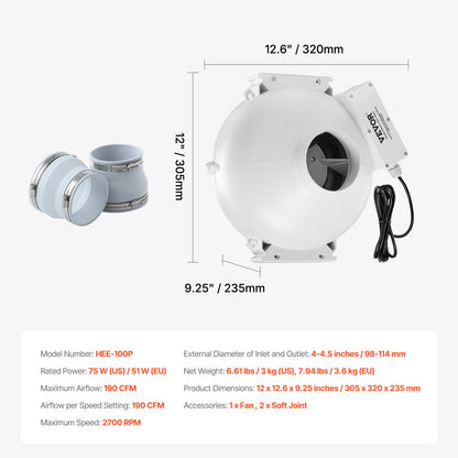 VEVOR 4 to 4.5 inch Radon Mitigation Fan System, Quiet 190 CFM Radon Mitigation Kit with 2 Couplers, Waterproof Radon Fan Electric Inline Duct Fan Exhaust Fan for Indoor Outdoor Ventilation - DFSDJ4INCH19VRDPTV1 - view 8