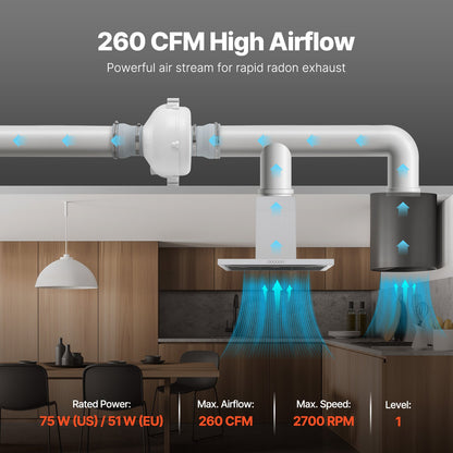 VEVOR 4 to 4.5 inch Radon Mitigation Fan System, Quiet 260 CFM Radon Mitigation Kit with 2 Couplers, Waterproof Radon Fan Electric Inline Duct Fan Exhaust Fan for Indoor Outdoor Ventilation - DFSDJ4INCH26WNZBVV1 - view 4
