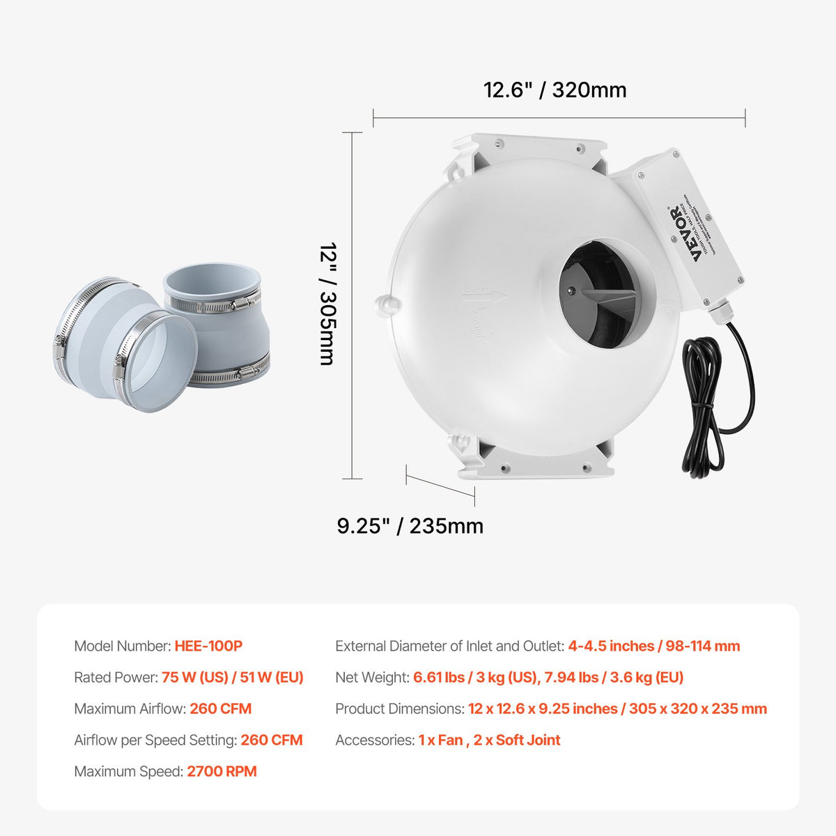 VEVOR 4 to 4.5 inch Radon Mitigation Fan System, Quiet 260 CFM Radon Mitigation Kit with 2 Couplers, Waterproof Radon Fan Electric Inline Duct Fan Exhaust Fan for Indoor Outdoor Ventilation - DFSDJ4INCH26WNZBVV1 - view 8