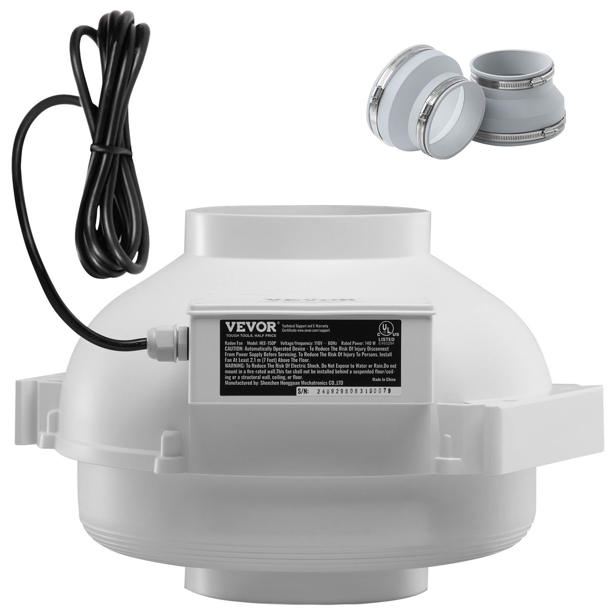 VEVOR 4 to 4.5 inch Radon Mitigation Fan System, Quiet 380 CFM Radon Mitigation Kit with 2 Couplers, Waterproof Radon Fan Electric Inline Duct Fan Exhaust Fan for Indoor Outdoor Ventilation - DFSDJ6INCH3813O5AV1 - view 1