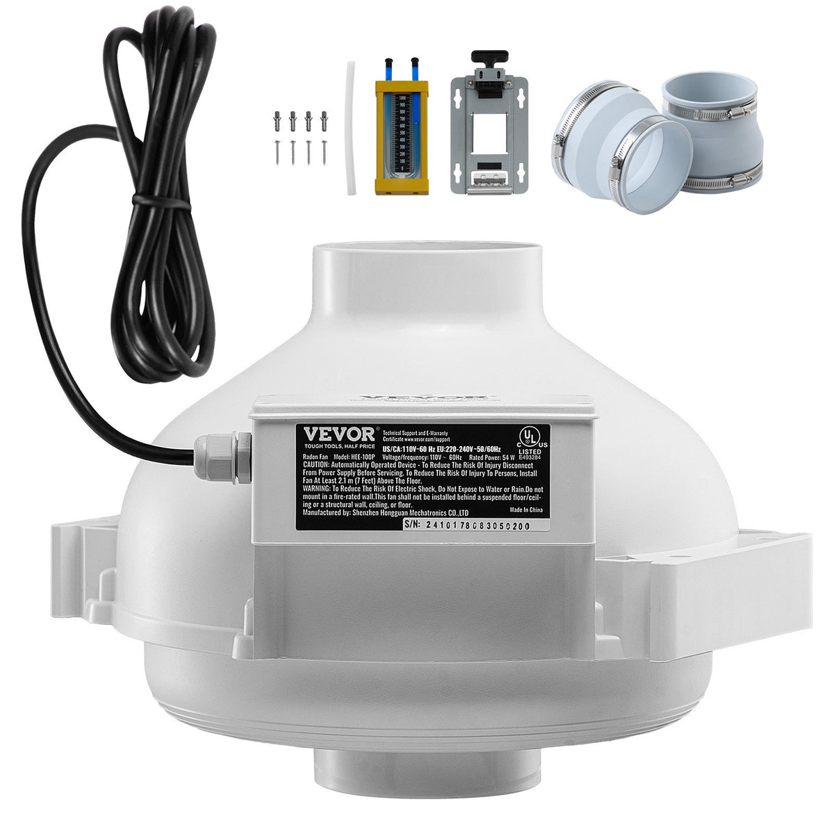 VEVOR 4 to 4.5 inch Radon Fan Installation Kit, Quiet 260CFM Radon Mitigation Fan System Kit with 2 Couplers, Pressure Indicator, Waterproof Inline Duct Fan Exhaust Fan for Indoor Outdoor Ventilation - DFSTJ4INCH26M7KEAV1 - view 1