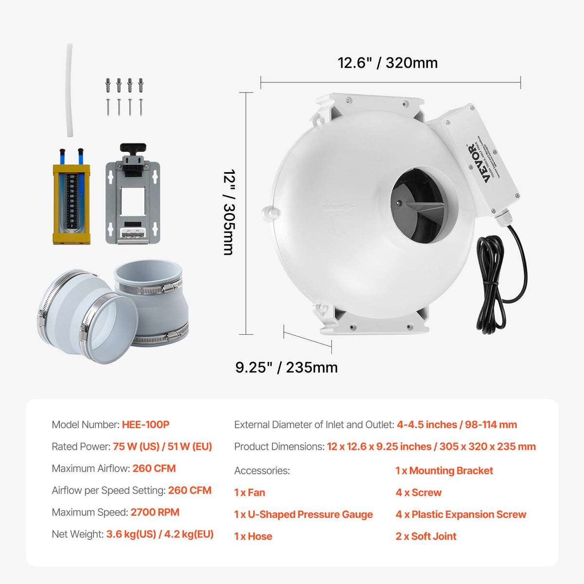 VEVOR 4 to 4.5 inch Radon Fan Installation Kit, Quiet 260CFM Radon Mitigation Fan System Kit with 2 Couplers, Pressure Indicator, Waterproof Inline Duct Fan Exhaust Fan for Indoor Outdoor Ventilation - DFSTJ4INCH26M7KEAV1 - view 8