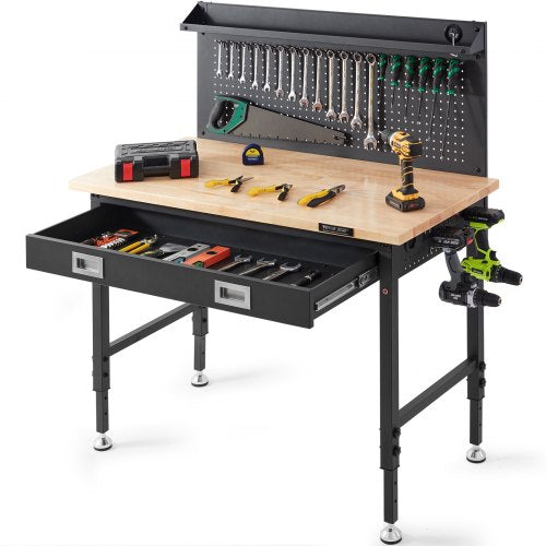 VEVOR Workbench Adjustable Height 28-39.5" Work Bench For Garage Oak Plank & Carbon Steel Heavy Duty Workbench 2000lbs Weight Capacity Bench top Size 48x24" Hardwood Workbench 3m Cable 30 Hooks - DGBG48X24INCHD1NXV1 - view 1