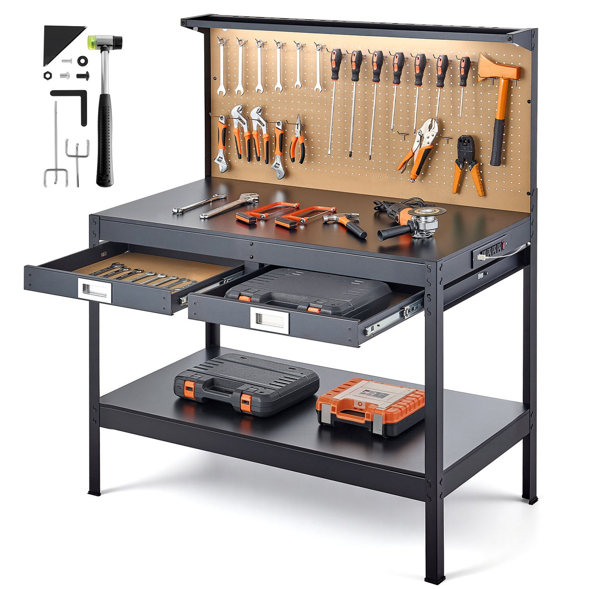 VEVOR Hardwood Workbench, 242.5 lbs Weight Capacity, 47.2-inch Heavy Duty Workbench with Pegboard, 4 AC Outlets & 2 USB Ports, 4.9 ft Cable & 30 Hooks, Garage Work Bench with Drawer for Workshop - DGBGZT48X24IFG11E001V1 - view 1