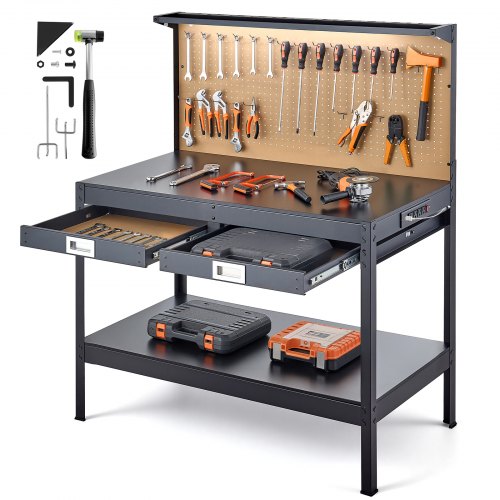 VEVOR Hardwood Workbench, 242.5 lbs Weight Capacity, 47.2-inch Heavy Duty Workbench with Pegboard, 4 AC Outlets & 2 USB Ports, 4.9 ft Cable & 30 Hooks, Garage Work Bench with Drawer for Workshop - DGBGZT48X24IFG11E001V1 - view 2