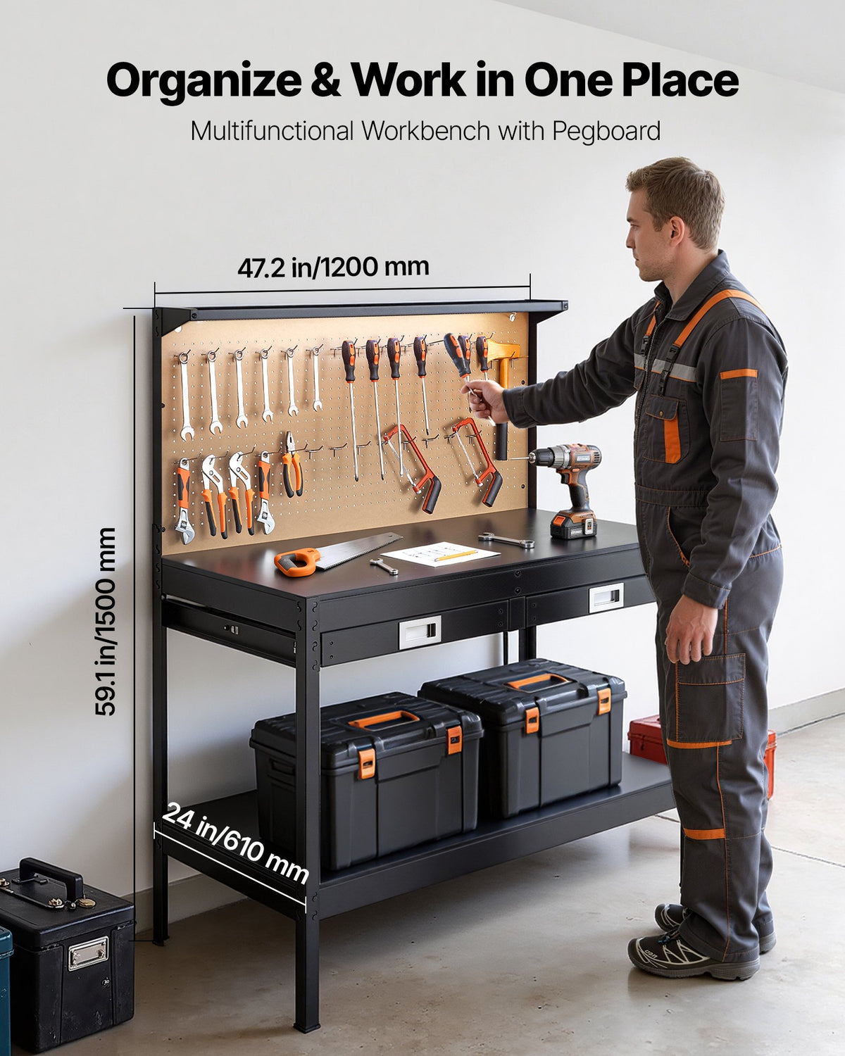 VEVOR Hardwood Workbench, 242.5 lbs Weight Capacity, 47.2-inch Heavy Duty Workbench with Pegboard, 4 AC Outlets & 2 USB Ports, 4.9 ft Cable & 30 Hooks, Garage Work Bench with Drawer for Workshop - DGBGZT48X24IFG11E001V1 - view 3