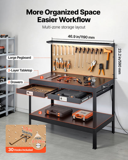 VEVOR Hardwood Workbench, 242.5 lbs Weight Capacity, 47.2-inch Heavy Duty Workbench with Pegboard, 4 AC Outlets & 2 USB Ports, 4.9 ft Cable & 30 Hooks, Garage Work Bench with Drawer for Workshop - DGBGZT48X24IFG11E001V1 - view 4