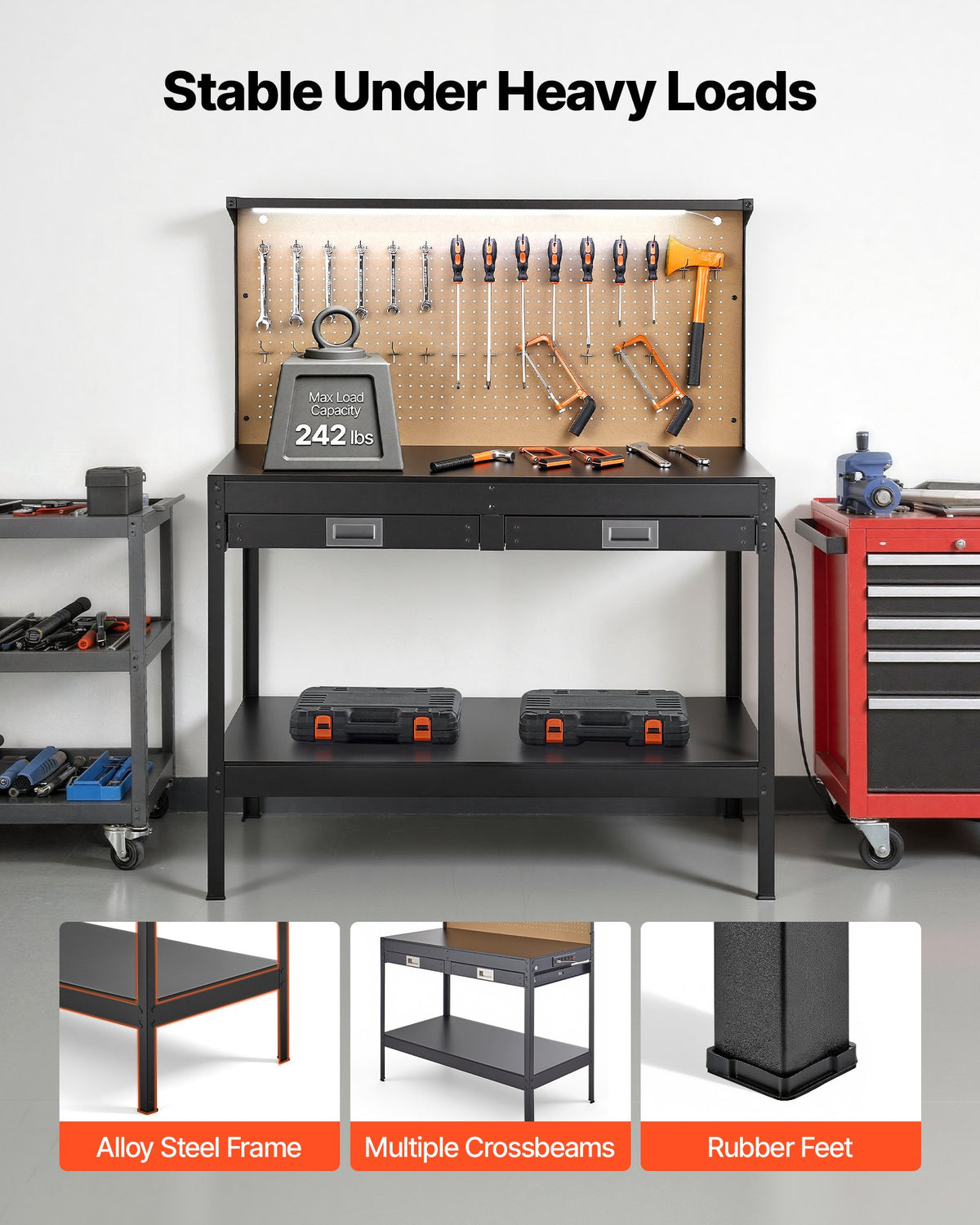 VEVOR Hardwood Workbench, 242.5 lbs Weight Capacity, 47.2-inch Heavy Duty Workbench with Pegboard, 4 AC Outlets & 2 USB Ports, 4.9 ft Cable & 30 Hooks, Garage Work Bench with Drawer for Workshop - DGBGZT48X24IFG11E001V1 - view 7