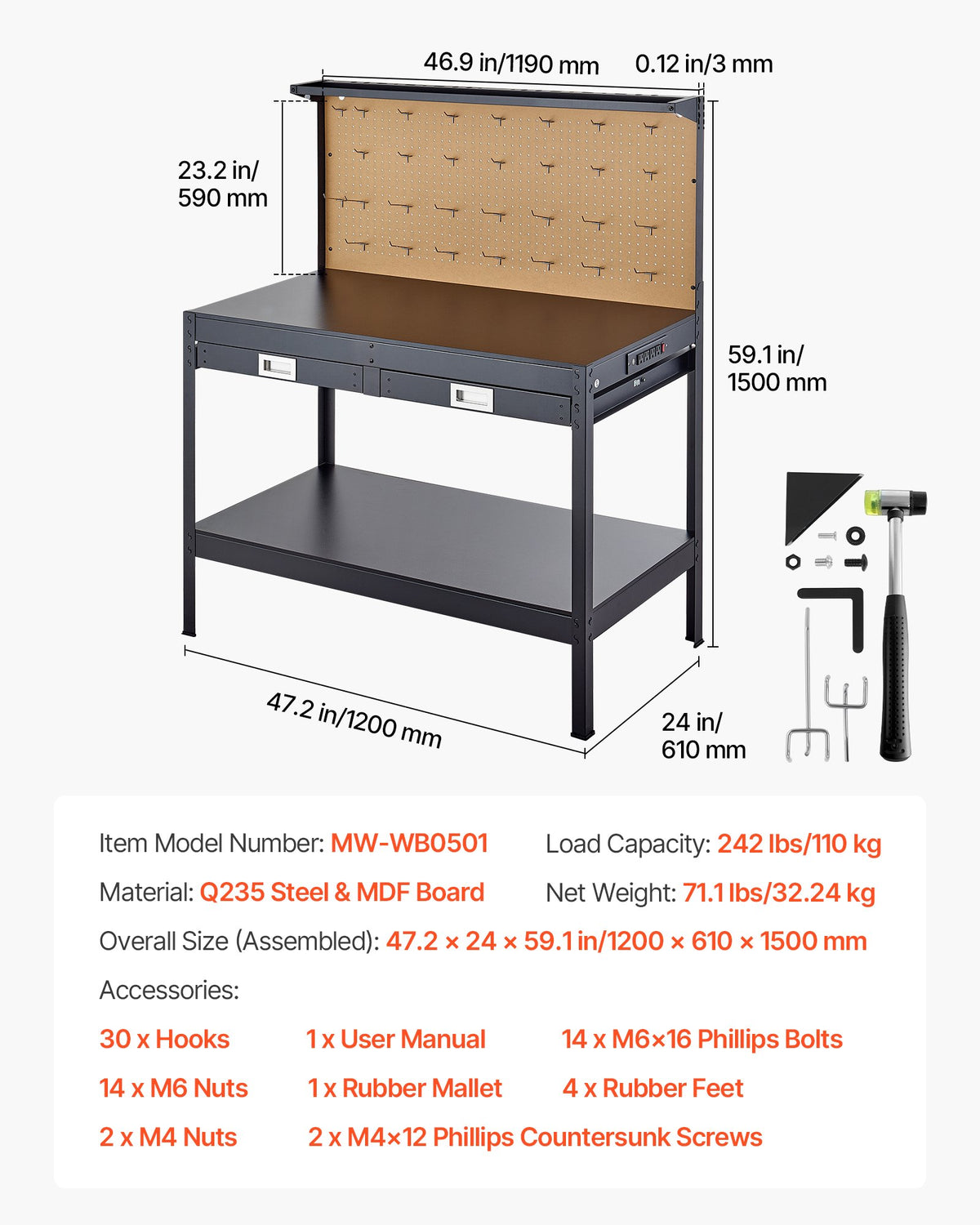 VEVOR Hardwood Workbench, 242.5 lbs Weight Capacity, 47.2-inch Heavy Duty Workbench with Pegboard, 4 AC Outlets & 2 USB Ports, 4.9 ft Cable & 30 Hooks, Garage Work Bench with Drawer for Workshop - DGBGZT48X24IFG11E001V1 - view 8