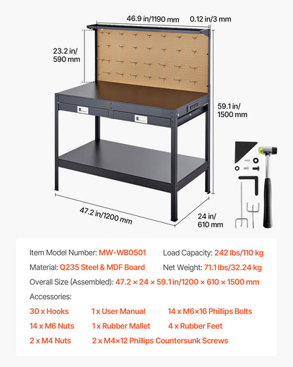 VEVOR Hardwood Workbench, 242.5 lbs Weight Capacity, 47.2-inch Heavy Duty Workbench with Pegboard, 4 AC Outlets & 2 USB Ports, 4.9 ft Cable & 30 Hooks, Garage Work Bench with Drawer for Workshop - DGBGZT48X24IFG11E001V1 - view 8