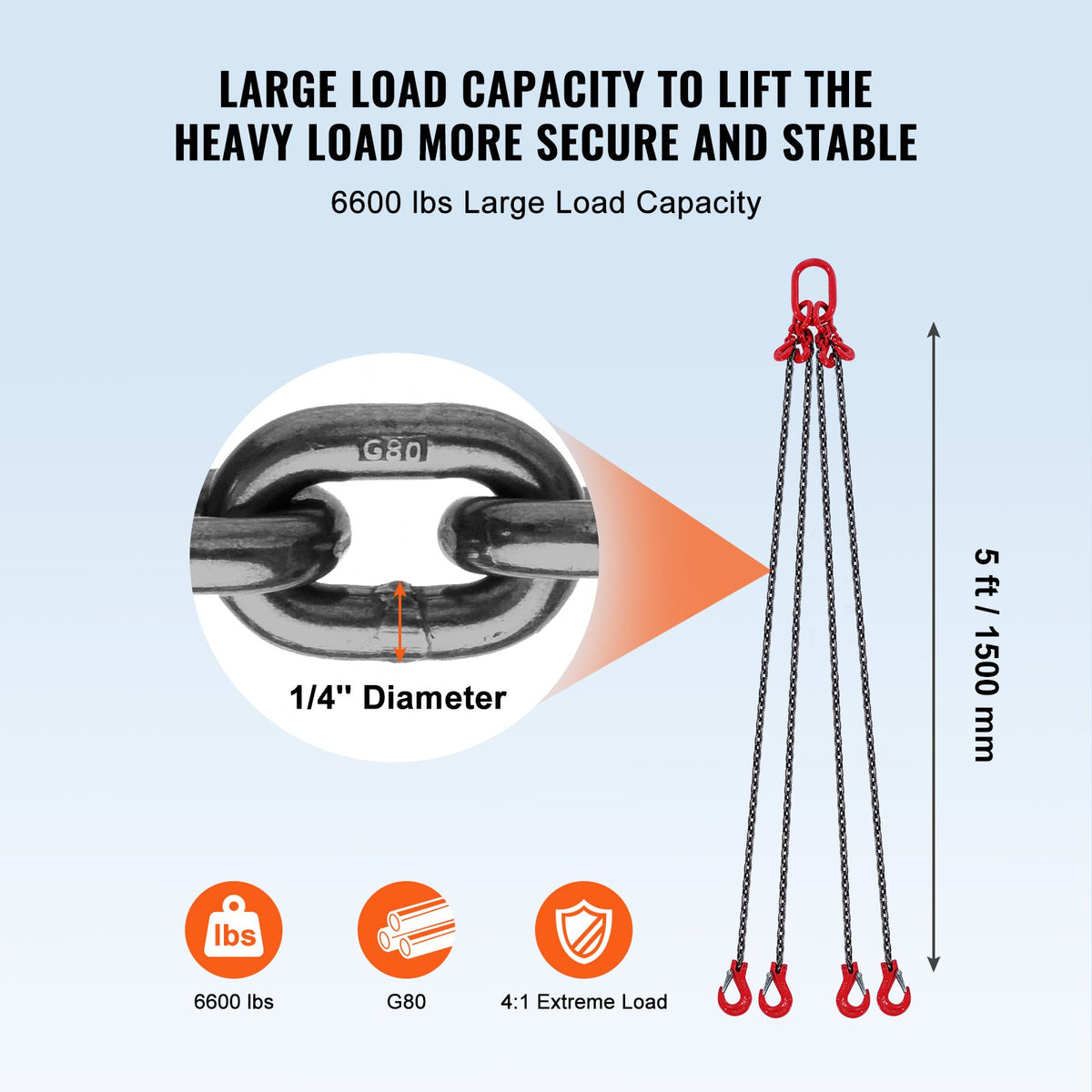 VEVOR Chain Sling, 1/4 inch x 5 ft Lifting Chains with Hooks, G80 Engine Chain Hoist Lifts, 6600 lbs/3 Ton Lifting Sling Chains for Engine Hoist, Engine Lift Chain with 4 Leg Grab Hooks and Adjusters - DGDLHHMGFH1J142Q0V0 - view 4