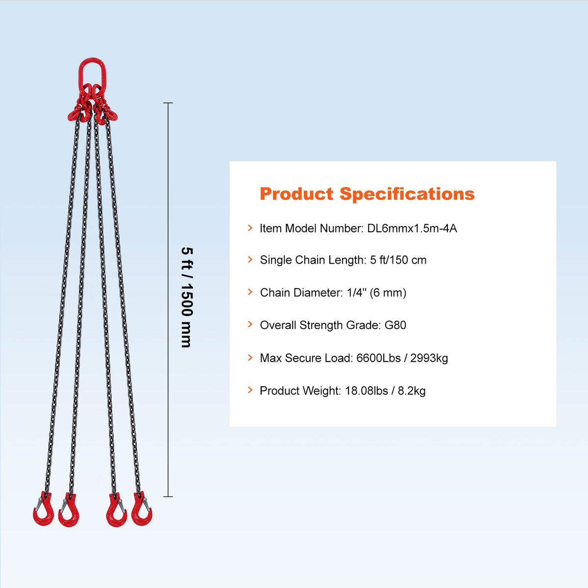 VEVOR Chain Sling, 1/4 inch x 5 ft Lifting Chains with Hooks, G80 Engine Chain Hoist Lifts, 6600 lbs/3 Ton Lifting Sling Chains for Engine Hoist, Engine Lift Chain with 4 Leg Grab Hooks and Adjusters - DGDLHHMGFH1J142Q0V0 - view 8
