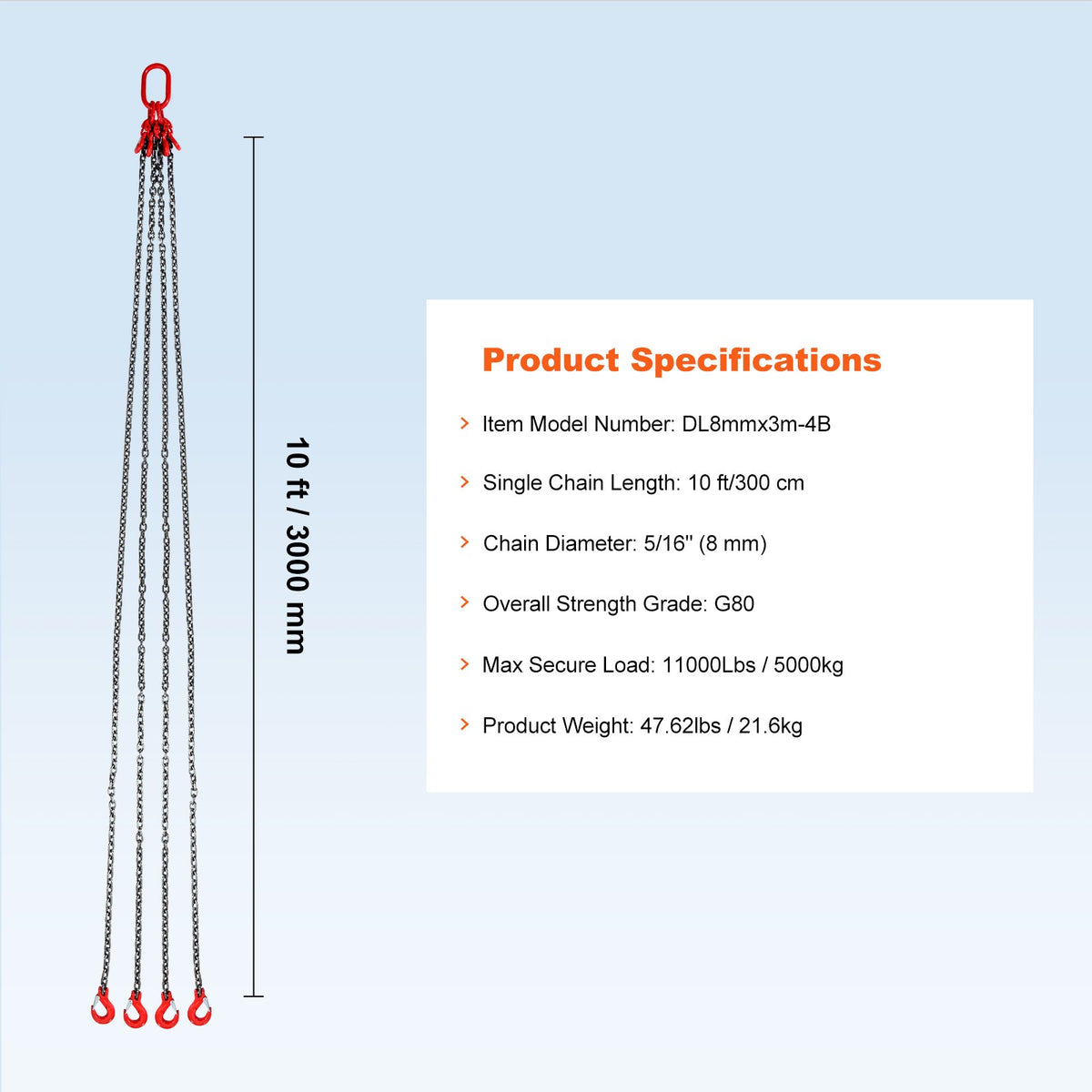 VEVOR Chain Sling, 5/16 inch x 10 ft Lifting Chains with Hooks, G80 Engine Chain Hoist Lifts, 11000 lbs/5 Ton Lifting Sling Chains for Engine Hoist, Engine Lift Chain with 4 Leg Grab Hooks & Adjusters - DGDLHHMGFH1JG4PKZV0 - view 8