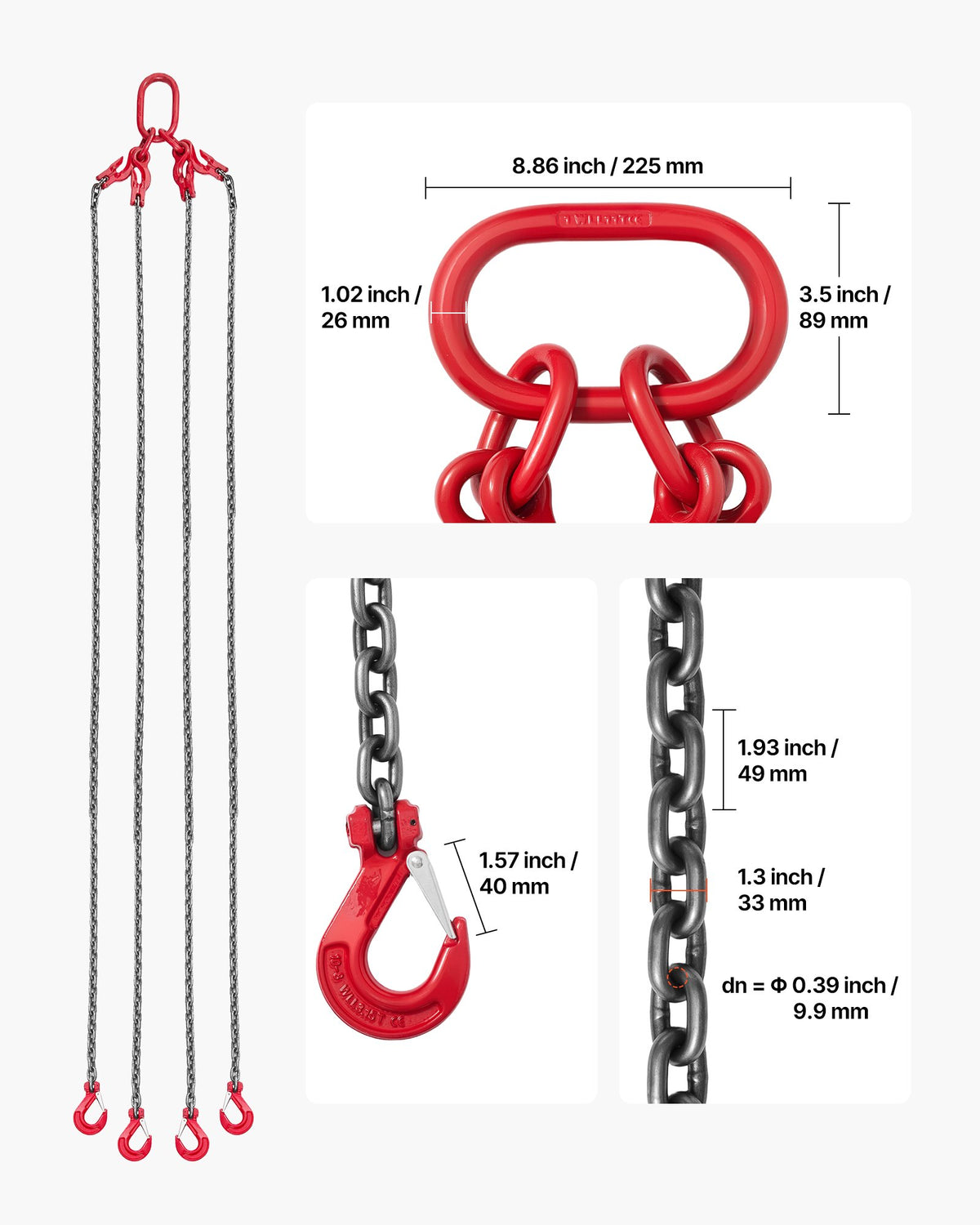 VEVOR Chain Sling, 3/8 in x 10 ft Lifting Chains with 4 Leg Grab Hooks, Heavy Duty G80 Alloy Steel Lifting Sling, 22900LBS Capacity, Adjustable Engine Chain Hoist Lifts for Cargo Security Towing - DGDLHHMGFH1JKA9OV001V0 - view 3