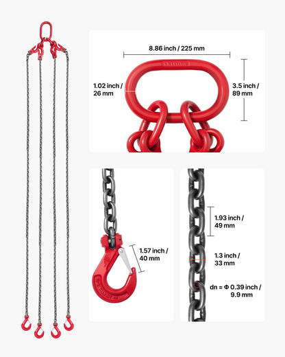 VEVOR Chain Sling, 3/8 in x 10 ft Lifting Chains with 4 Leg Grab Hooks, Heavy Duty G80 Alloy Steel Lifting Sling, 22900LBS Capacity, Adjustable Engine Chain Hoist Lifts for Cargo Security Towing - DGDLHHMGFH1JKA9OV001V0 - view 3