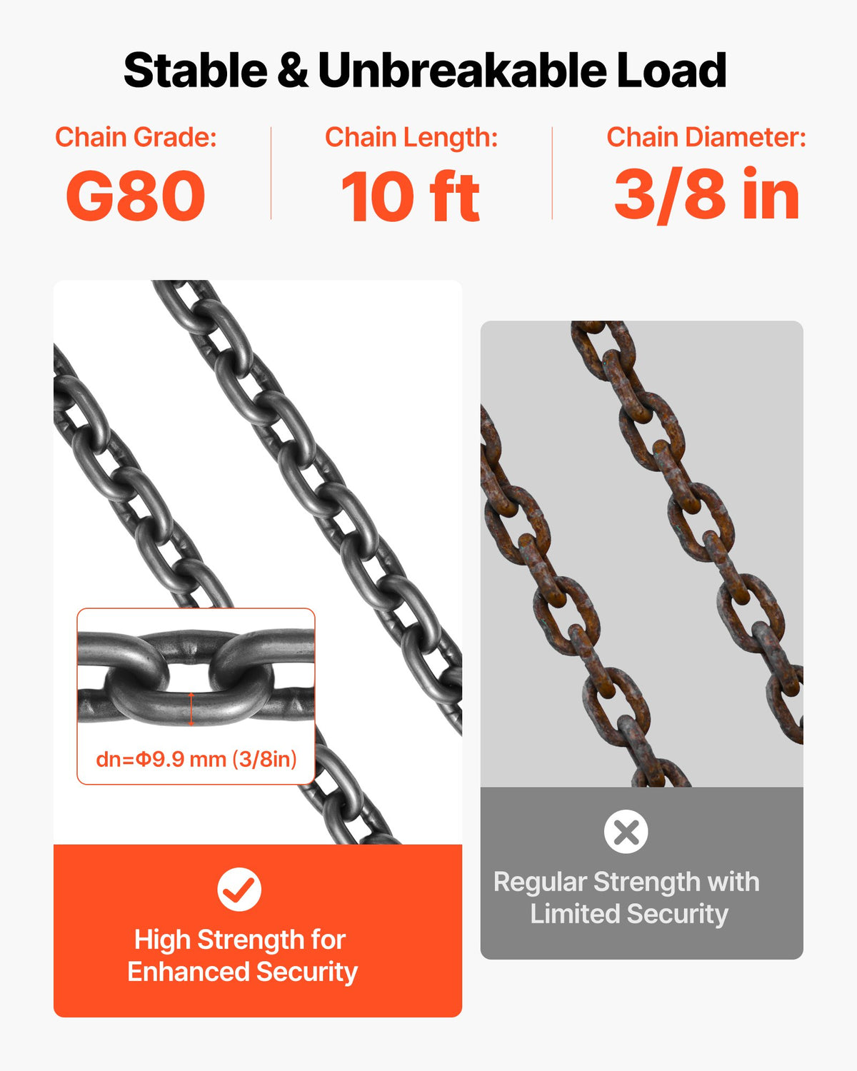 VEVOR Chain Sling, 3/8 in x 10 ft Lifting Chains with 4 Leg Grab Hooks, Heavy Duty G80 Alloy Steel Lifting Sling, 22900LBS Capacity, Adjustable Engine Chain Hoist Lifts for Cargo Security Towing - DGDLHHMGFH1JKA9OV001V0 - view 5