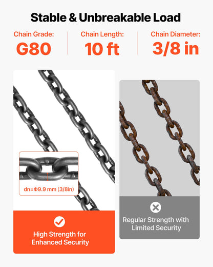 VEVOR Chain Sling, 3/8 in x 10 ft Lifting Chains with 4 Leg Grab Hooks, Heavy Duty G80 Alloy Steel Lifting Sling, 22900LBS Capacity, Adjustable Engine Chain Hoist Lifts for Cargo Security Towing - DGDLHHMGFH1JKA9OV001V0 - view 5