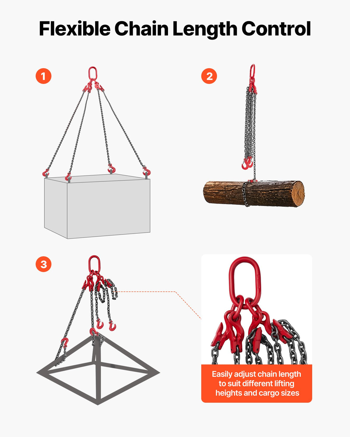 VEVOR Chain Sling, 3/8 in x 10 ft Lifting Chains with 4 Leg Grab Hooks, Heavy Duty G80 Alloy Steel Lifting Sling, 22900LBS Capacity, Adjustable Engine Chain Hoist Lifts for Cargo Security Towing - DGDLHHMGFH1JKA9OV001V0 - view 7