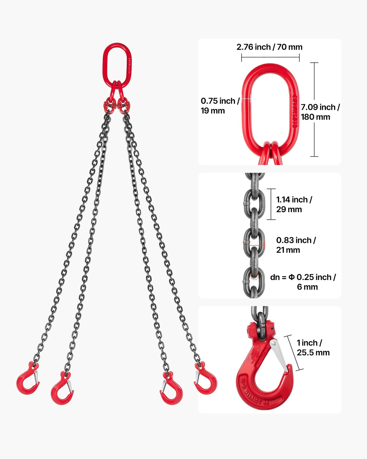 VEVOR Chain Sling, 1/4 in x 5 ft Lifting Chains with 4 Leg Grab Hooks, Heavy Duty G80 Alloy Steel Lifting Sling, 6600LBS Capacity, Adjustable Engine Chain Hoist Lifts for Cargo Security Towing - DGDLHHMGFH1JUGYEP001V0 - view 3