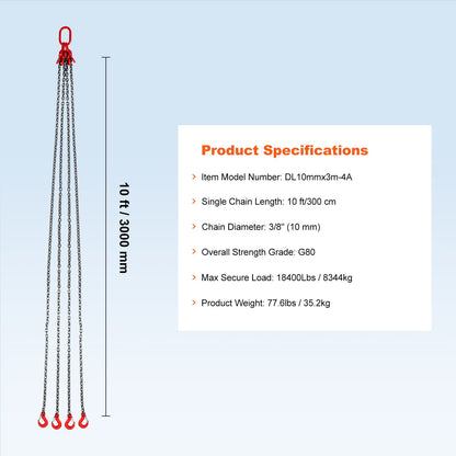 VEVOR Chain Sling, 3/8 inch x 10 ft Lifting Chains with Hooks, G80 Engine Chain Hoist Lifts, 18400 lbs/8 Ton Lifting Sling Chains for Engine Hoist, Engine Lift Chain with 4 Leg Grab Hooks & Adjusters - DGDLHHMGFH1JVNVOQV0 - view 8