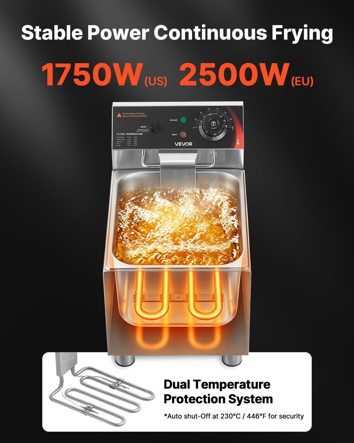 VEVOR Commercial Electric Deep Fryer, 12.15 Qt, 1750W Stainless Steel Countertop Fryer with Basket and Lid, Overheat Protection, Temp Control, Adjustable Feet for Commercial Restaurant Use, Silver - DGDZGJCKDRLKNFIA0001V1 - view 4