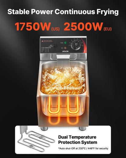 VEVOR Commercial Electric Deep Fryer, 12.15 Qt, 1750W Stainless Steel Countertop Fryer with Basket and Lid, Overheat Protection, Temp Control, Adjustable Feet for Commercial Restaurant Use, Silver - DGDZGJCKDRLKNFIA0001V1 - view 4