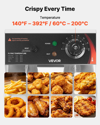 VEVOR Commercial Electric Deep Fryer, 12.15 Qt, 1750W Stainless Steel Countertop Fryer with Basket and Lid, Overheat Protection, Temp Control, Adjustable Feet for Commercial Restaurant Use, Silver - DGDZGJCKDRLKNFIA0001V1 - view 5