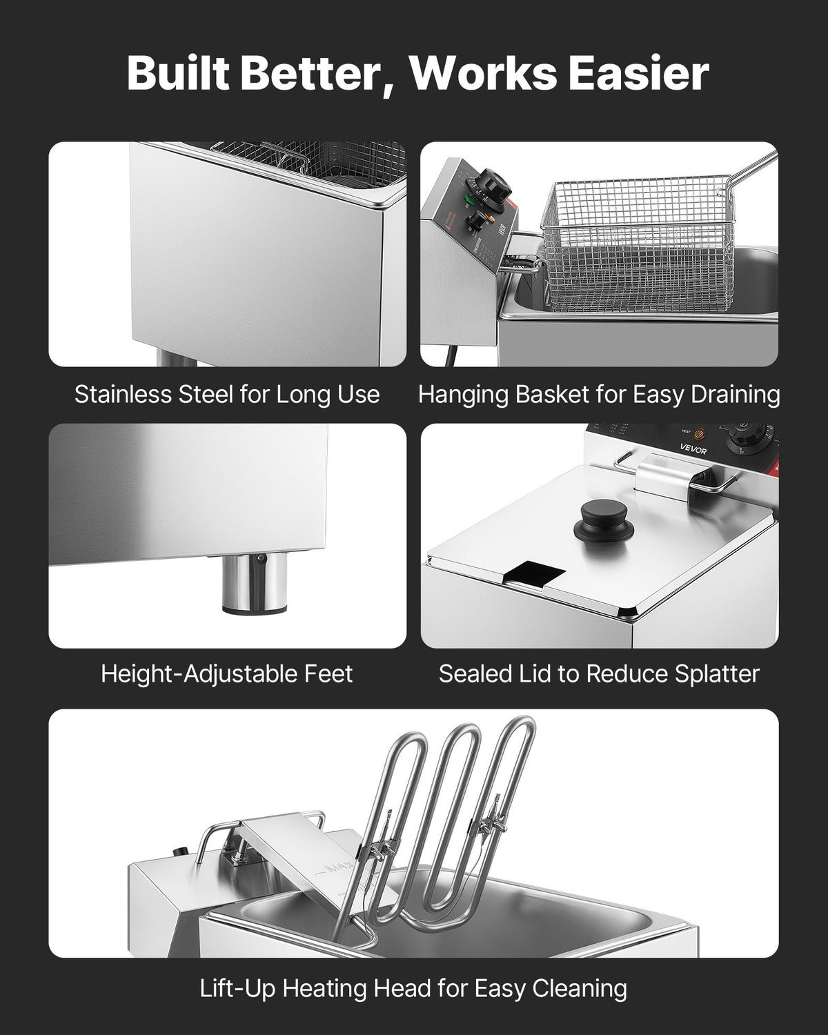 VEVOR Commercial Electric Deep Fryer, 12.15 Qt, 1750W Stainless Steel Countertop Fryer with Basket and Lid, Overheat Protection, Temp Control, Adjustable Feet for Commercial Restaurant Use, Silver - DGDZGJCKDRLKNFIA0001V1 - view 7