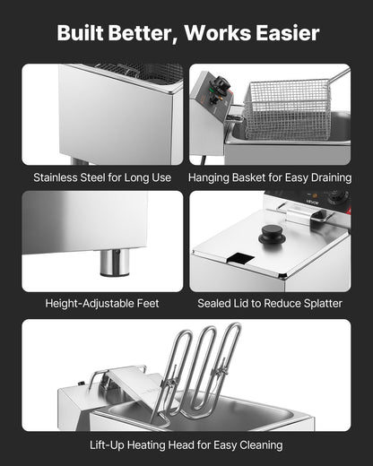 VEVOR Commercial Electric Deep Fryer, 12.15 Qt, 1750W Stainless Steel Countertop Fryer with Basket and Lid, Overheat Protection, Temp Control, Adjustable Feet for Commercial Restaurant Use, Silver - DGDZGJCKDRLKNFIA0001V1 - view 7