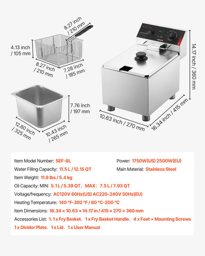 VEVOR Commercial Electric Deep Fryer, 12.15 Qt, 1750W Stainless Steel Countertop Fryer with Basket and Lid, Overheat Protection, Temp Control, Adjustable Feet for Commercial Restaurant Use, Silver - DGDZGJCKDRLKNFIA0001V1 - view 8