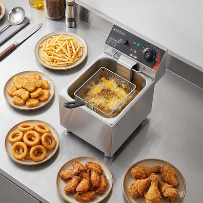 VEVOR Commercial Electric Deep Fryer, 12.15 Qt, 1750W Stainless Steel Countertop Fryer with Basket and Lid, Overheat Protection, Temp Control, Adjustable Feet for Commercial Restaurant Use, Silver - DGDZGJCKDRLKNFIA0001V1 - view 9