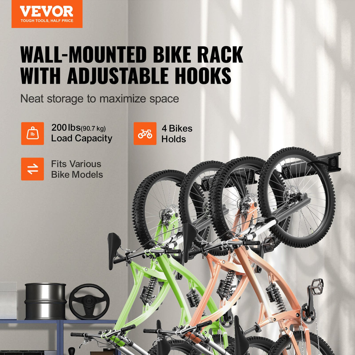 VEVOR Bike Storage Rack, 4 Bike Racks and 2 Helmets Hooks, Wall Mount Bike Storage Hanger, Home & Garage Organizer, Customizable for Various Bike Sizes, Adjustable Holder, Holds Up to 200 lbs, 36-inch - DGGJ36INCH40T3UITV0 - view 3