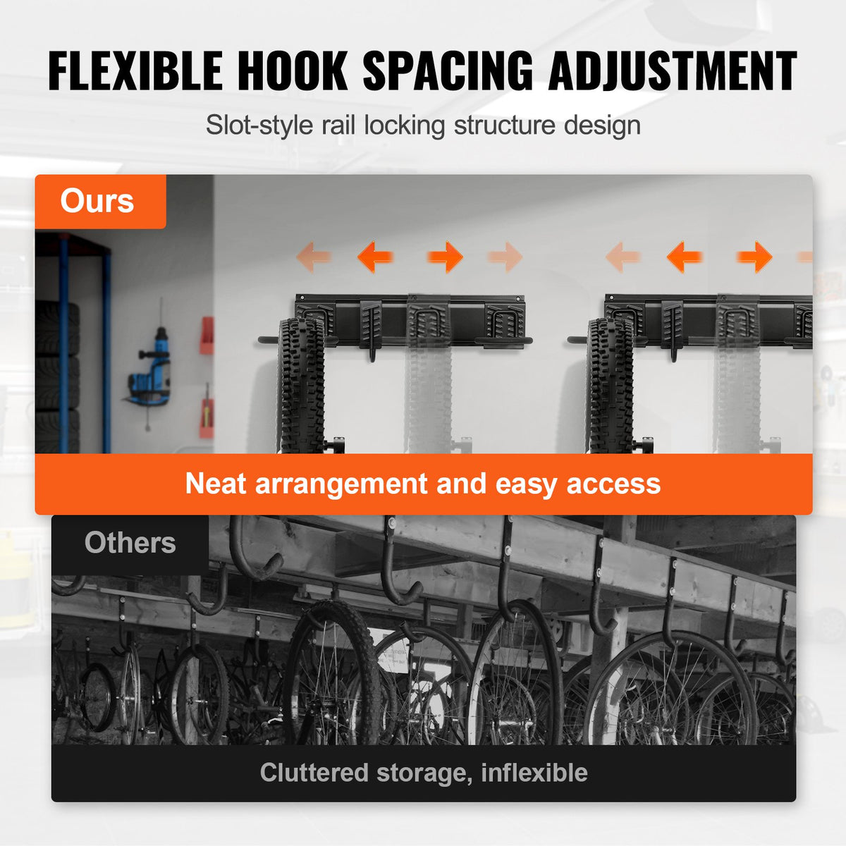 VEVOR Bike Storage Rack, 4 Bike Racks and 2 Helmets Hooks, Wall Mount Bike Storage Hanger, Home & Garage Organizer, Customizable for Various Bike Sizes, Adjustable Holder, Holds Up to 200 lbs, 36-inch - DGGJ36INCH40T3UITV0 - view 6