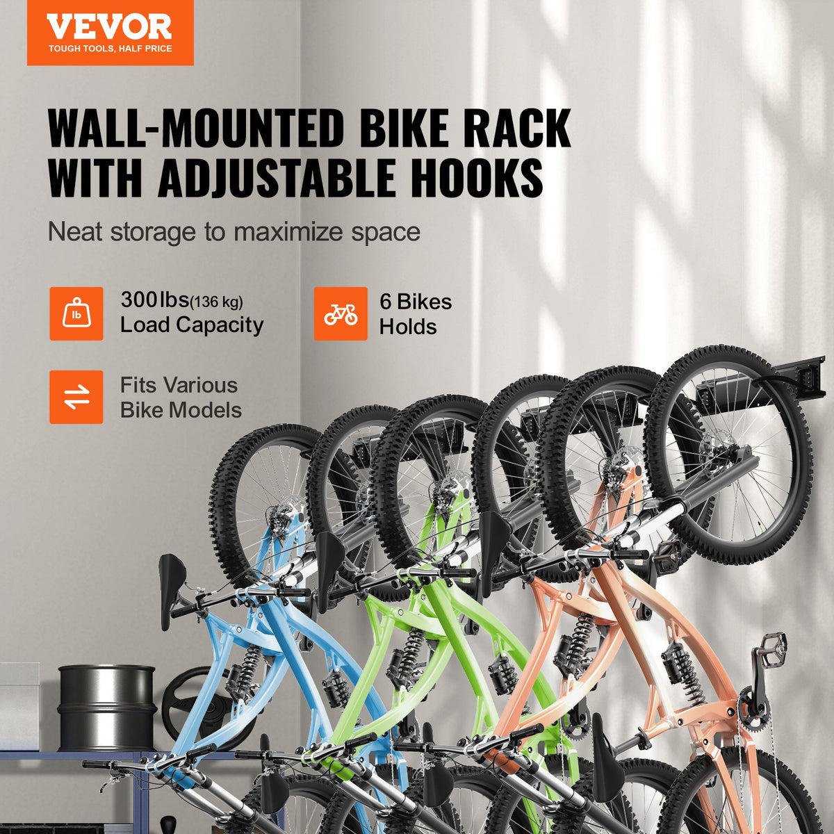 VEVOR Bike Storage Rack, 6 Bike Racks and 3 Helmets Hooks, Wall Mount Bike Storage Hanger, Home & Garage Organizer, Customizable for Various Bike Sizes, Adjustable Holder, Holds Up to 300 lbs, 51-inch - DGGJ51INCH60LFCCJV0 - view 3