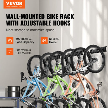 VEVOR Bike Storage Rack, 6 Bike Racks and 3 Helmets Hooks, Wall Mount Bike Storage Hanger, Home & Garage Organizer, Customizable for Various Bike Sizes, Adjustable Holder, Holds Up to 300 lbs, 51-inch - DGGJ51INCH60LFCCJV0 - view 3
