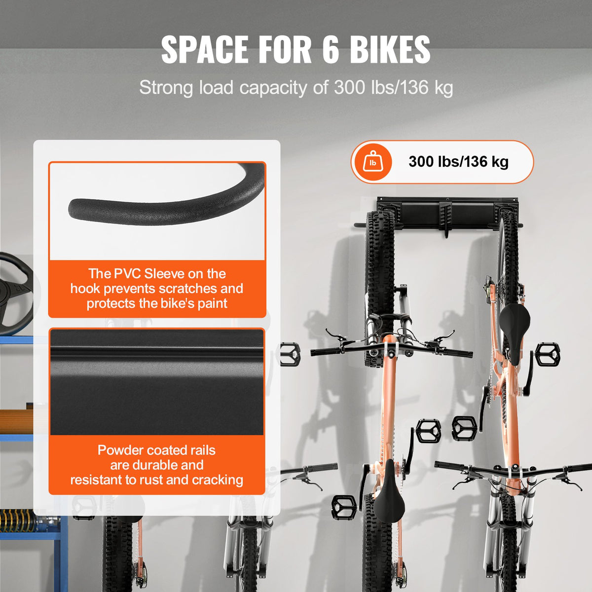 VEVOR Bike Storage Rack, 6 Bike Racks and 3 Helmets Hooks, Wall Mount Bike Storage Hanger, Home & Garage Organizer, Customizable for Various Bike Sizes, Adjustable Holder, Holds Up to 300 lbs, 51-inch - DGGJ51INCH60LFCCJV0 - view 4