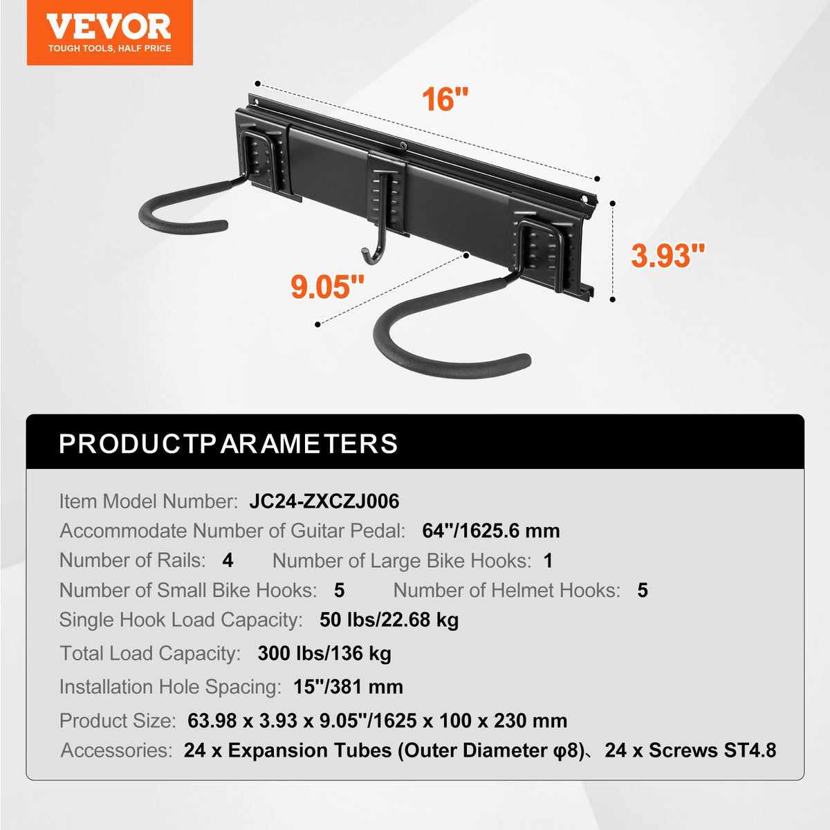 VEVOR Bike Storage Rack, 6 Bike Racks and 5 Helmets Hooks, Wall Mount Bike Storage Hanger, Home & Garage Organizer, Customizable for Various Bike Sizes, Adjustable Holder, Holds Up to 300 lbs, 64-inch - DGGJ64INCH605CR2ZV0 - view 8