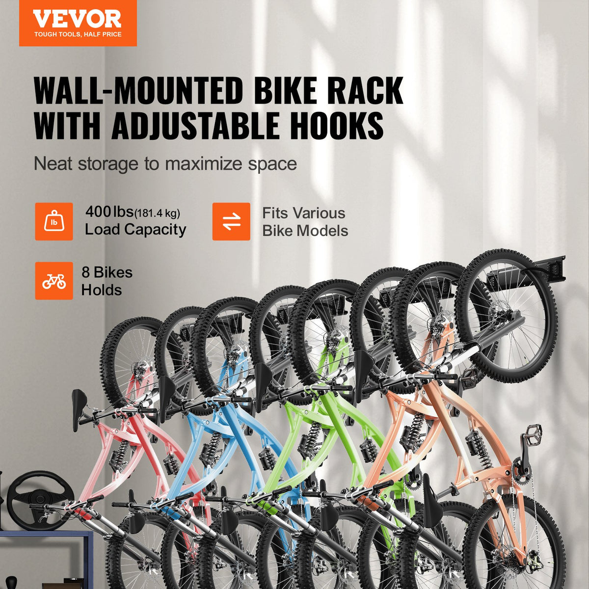 VEVOR Bike Storage Rack, 8 Bike Racks and 7 Helmets Hooks, Wall Mount Bike Storage Hanger, Home & Garage Organizer, Customizable for Various Bike Sizes, Adjustable Holder, Holds Up to 400 lbs, 72-inch - DGGJ72INCH801T2A3V0 - view 3