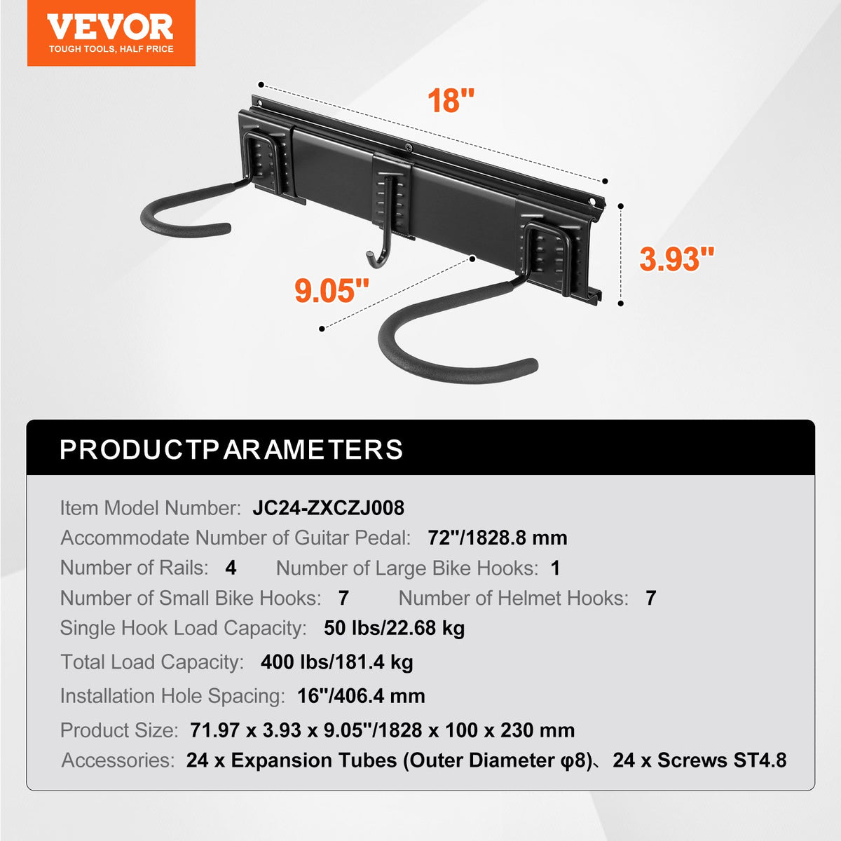 VEVOR Bike Storage Rack, 8 Bike Racks and 7 Helmets Hooks, Wall Mount Bike Storage Hanger, Home & Garage Organizer, Customizable for Various Bike Sizes, Adjustable Holder, Holds Up to 400 lbs, 72-inch - DGGJ72INCH801T2A3V0 - view 8