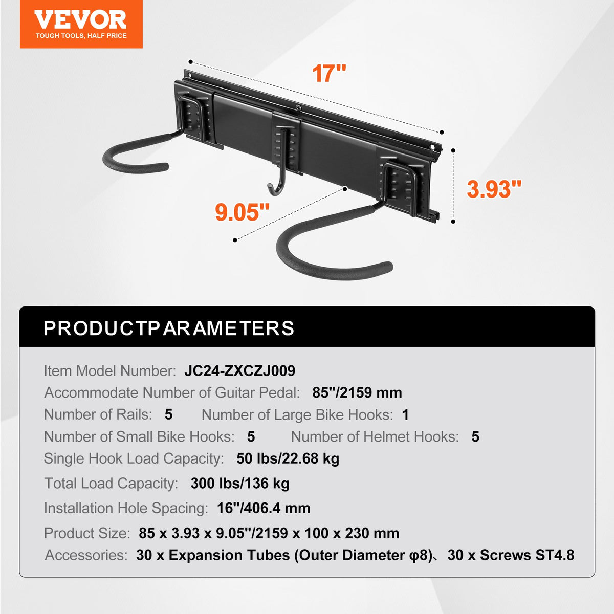 VEVOR Bike Storage Rack, 6 Bike Racks and 5 Helmets Hooks, Wall Mount Bike Storage Hanger, Home & Garage Organizer, Customizable for Various Bike Sizes, Adjustable Holder, Holds Up to 300 lbs, 85-inch - DGGJ85INCH60N0WIAV0 - view 8