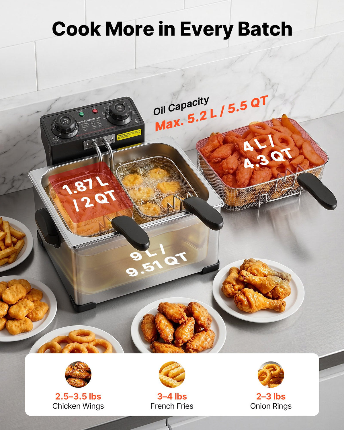 VEVOR Commercial Electric Deep Fryer, 9.51 Qt, 1700W Stainless Steel Countertop Fryer with Large & Small Baskets, Overheat Protection, Temp Control, Timer, Detachable for Home Restaurant Use, Silver - DGJYDZGJCK5LIHKY5001V1 - view 3