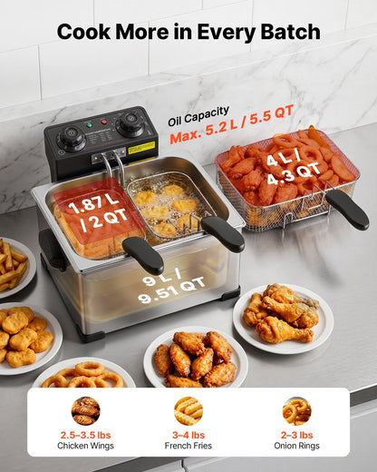 VEVOR Commercial Electric Deep Fryer, 9.51 Qt, 1700W Stainless Steel Countertop Fryer with Large & Small Baskets, Overheat Protection, Temp Control, Timer, Detachable for Home Restaurant Use, Silver - DGJYDZGJCK5LIHKY5001V1 - view 3