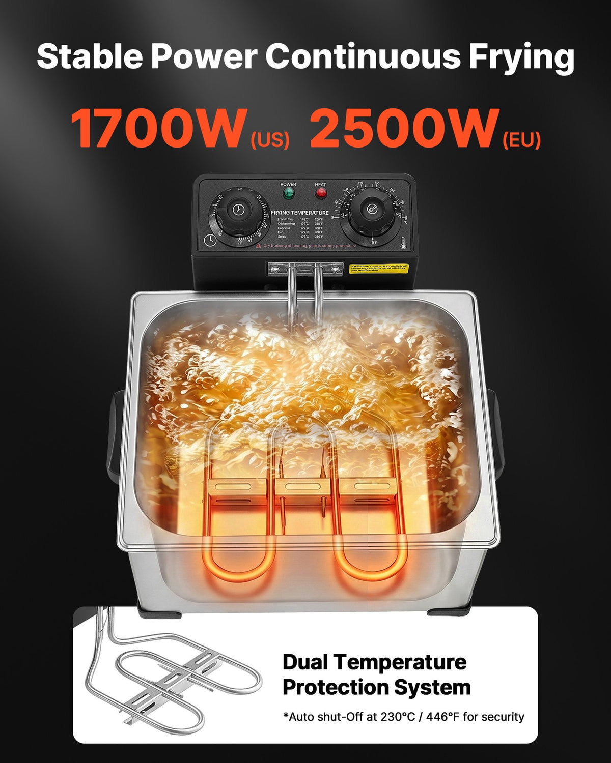 VEVOR Commercial Electric Deep Fryer, 9.51 Qt, 1700W Stainless Steel Countertop Fryer with Large & Small Baskets, Overheat Protection, Temp Control, Timer, Detachable for Home Restaurant Use, Silver - DGJYDZGJCK5LIHKY5001V1 - view 4