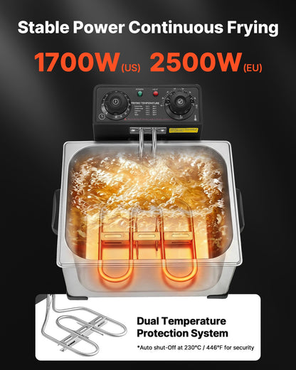 VEVOR Commercial Electric Deep Fryer, 9.51 Qt, 1700W Stainless Steel Countertop Fryer with Large & Small Baskets, Overheat Protection, Temp Control, Timer, Detachable for Home Restaurant Use, Silver - DGJYDZGJCK5LIHKY5001V1 - view 4