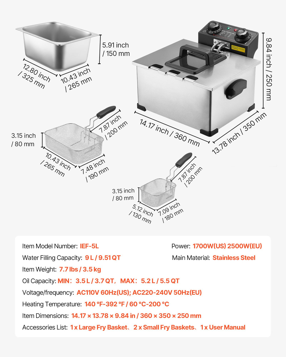 VEVOR Commercial Electric Deep Fryer, 9.51 Qt, 1700W Stainless Steel Countertop Fryer with Large & Small Baskets, Overheat Protection, Temp Control, Timer, Detachable for Home Restaurant Use, Silver - DGJYDZGJCK5LIHKY5001V1 - view 8