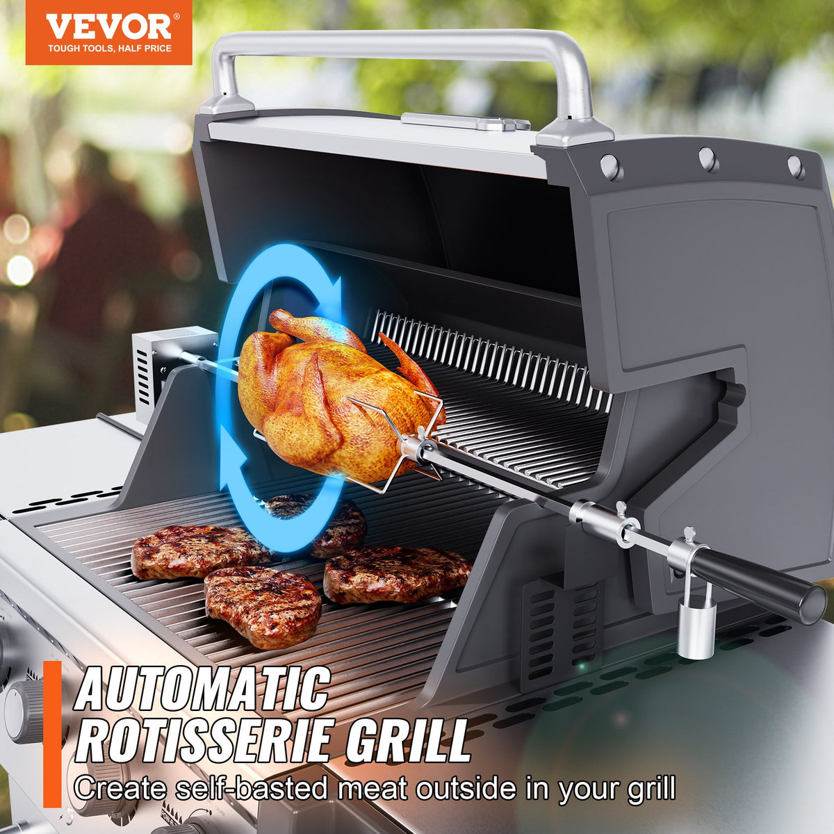 VEVOR Universal Grill Rotisserie Kit for Grills, Electric BBQ Grill with 110V 9W Motor, Stainless Steel Automatic Grilling Kit, Heavy Duty 32"/39" Hexagon Spit Rod, 26 lbs - DGKCD32379W26XF9CV1 - view 2